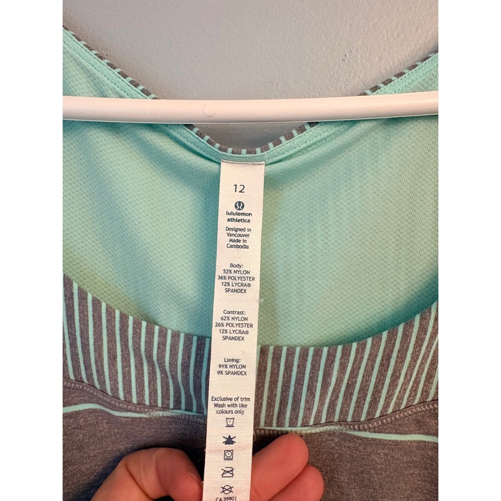 Lululemon Run First Base Tank Grey Mint Green Striped Racerback Athletic Top 12 - Picture 3 of 7